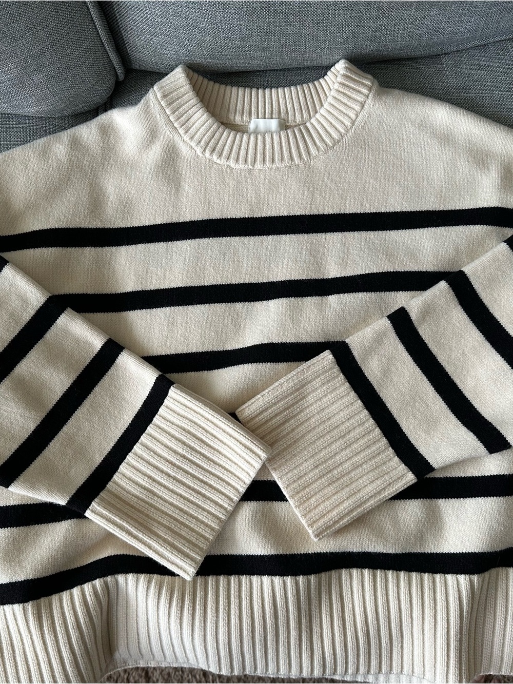 H&M Cream and Black Striped Crewneck Sweater